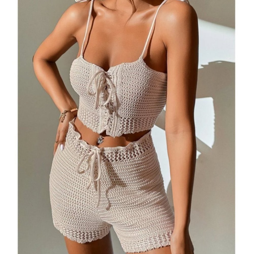 2 piece set Lace Up detailed Cami Knit Crochet Top & Drawstring Waist Sh… - Picture 6 of 8